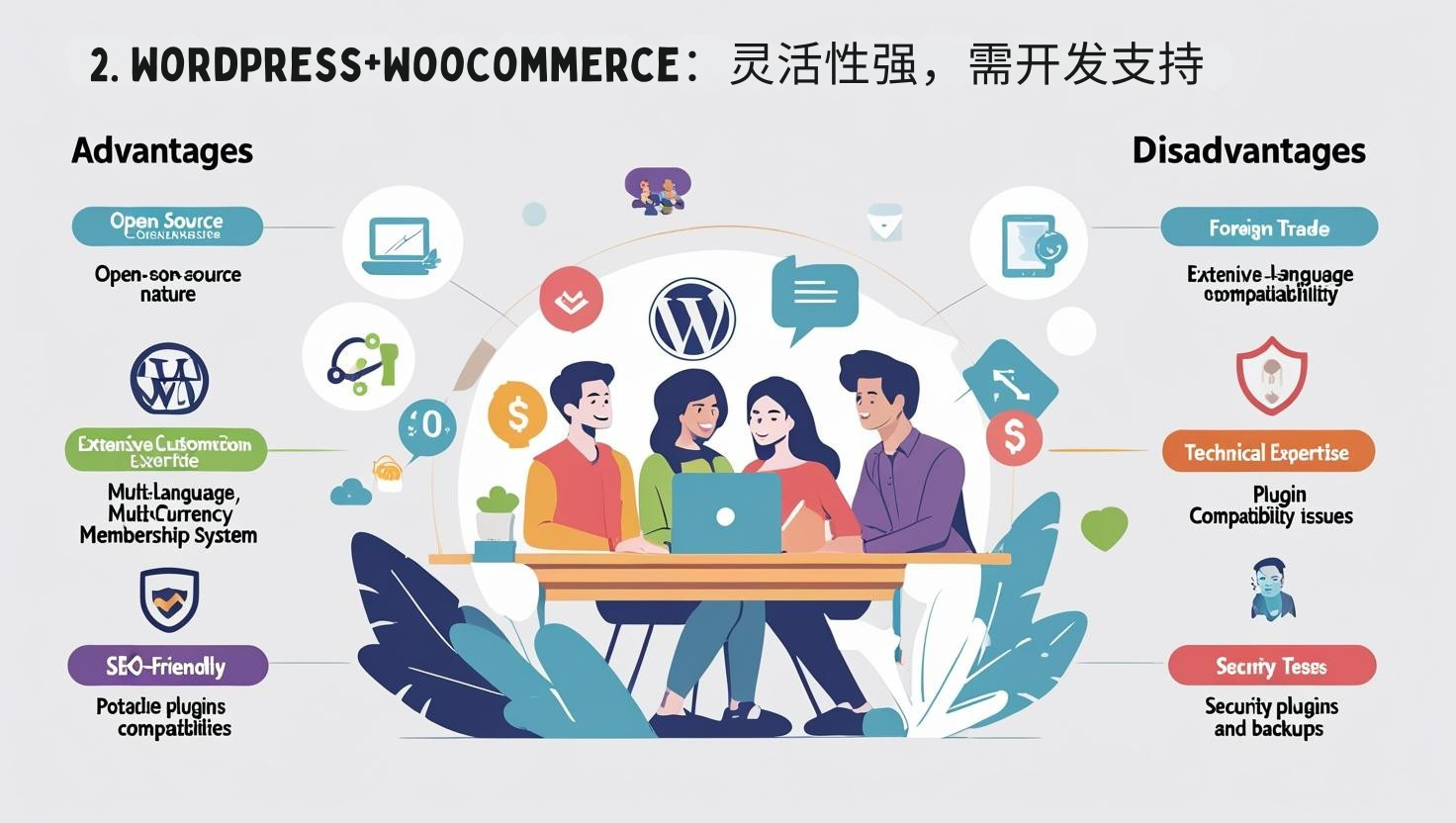 2. WordPress+WooCommerce：灵活性强，需开发支持
