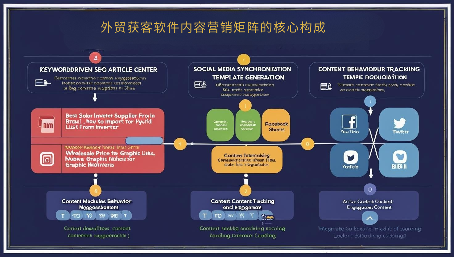 外贸获客软件内容营销矩阵的核心构成

一体化系统往往包含以下几个关键模块：

1. 关键词驱动的SEO文章中心

软件根据目标市场、目标行业关键词，生成博客内容建议与标题，同时判断搜索量、点击率潜力。例如：

“best solar inverter supplier in Brazil”

“how to import textiles from China”

“wholesale price list for hybrid inverters”

生成的内容将自动集成站内SEO元素，包括Meta信息、结构化标题、内链策略与图文模块建议，并可推送至官网博客页。

2. 社媒同步内容模板生成

针对SEO博客主题，系统自动拆解适合社媒发布的摘要或图文卡片，包括：

LinkedIn 公司动态文案

Facebook/B2B群组可转发内容

Twitter 高互动句式+链接

YouTube Shorts/B站短视频脚本建议

使得同一内容主题可以覆盖多个平台触点，提高整体可见度与外链权重。

3. 内容行为追踪与评分机制

客户如果：

阅读了3篇以上内容

点击某篇特定主题的产品链接

留下邮箱或打开邮件

系统会自动打上“内容行为活跃”标签，并归入潜在意向客户池，后续可自动接入 WhatsApp 营销、定向推荐邮件或发送专属报价。