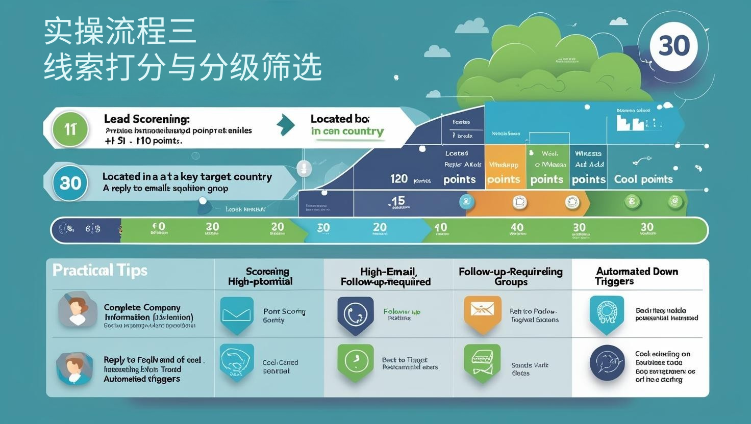 实操流程三：线索打分与分级筛选

为了更科学地评估客户潜力，外贸获客软件一般支持“线索评分机制”。你可以为不同行为/字段设置权重打分：

完善公司信息 +10 分

多次打开邮件 +15 分

位于重点目标国家 +20 分

回复邮件或添加WhatsApp +30 分

最终系统将客户自动划分为：高潜客户、需跟进客户、待冷却客户等分组，指导销售团队精准跟进。

实用技巧：

配合RFM模型（最近联系/联系频率/成交金额）进行自定义评分；

设置自动触发任务，提醒销售定期跟进高分客户；