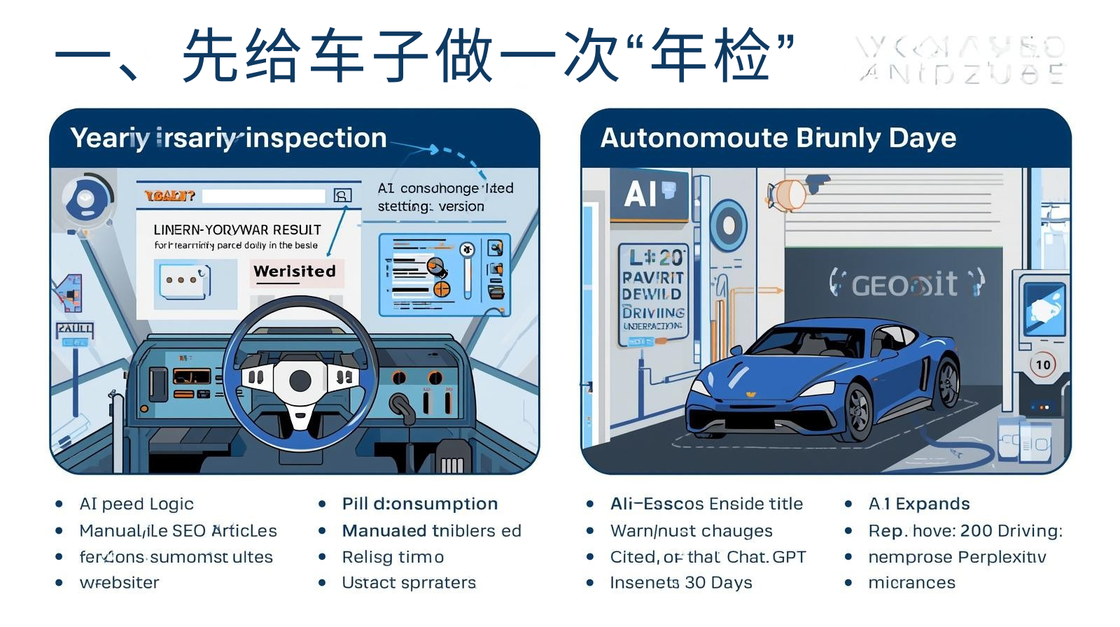 一、先给车子做一次“年检”
检查项目	老爷车（传统站）	自动驾驶版（GEO 站）
导航方式	客户手动输入关键词 → 谷歌结果页 → 点进你站	客户直接问 AI → AI 把你“开”到客户面前
变速逻辑	SEO 关键词堆砌，手动调 TDK	AI 自动匹配用户意图，实时改写标题
油耗（人力）	每周更新 5 篇伪原创，累垮运营	运营写 1 个“原子答案”，AI 自动扩写 50 个场景
自动驾驶里程	0	过去 30 天被 ChatGPT/Perplexity 引用 200+ 次