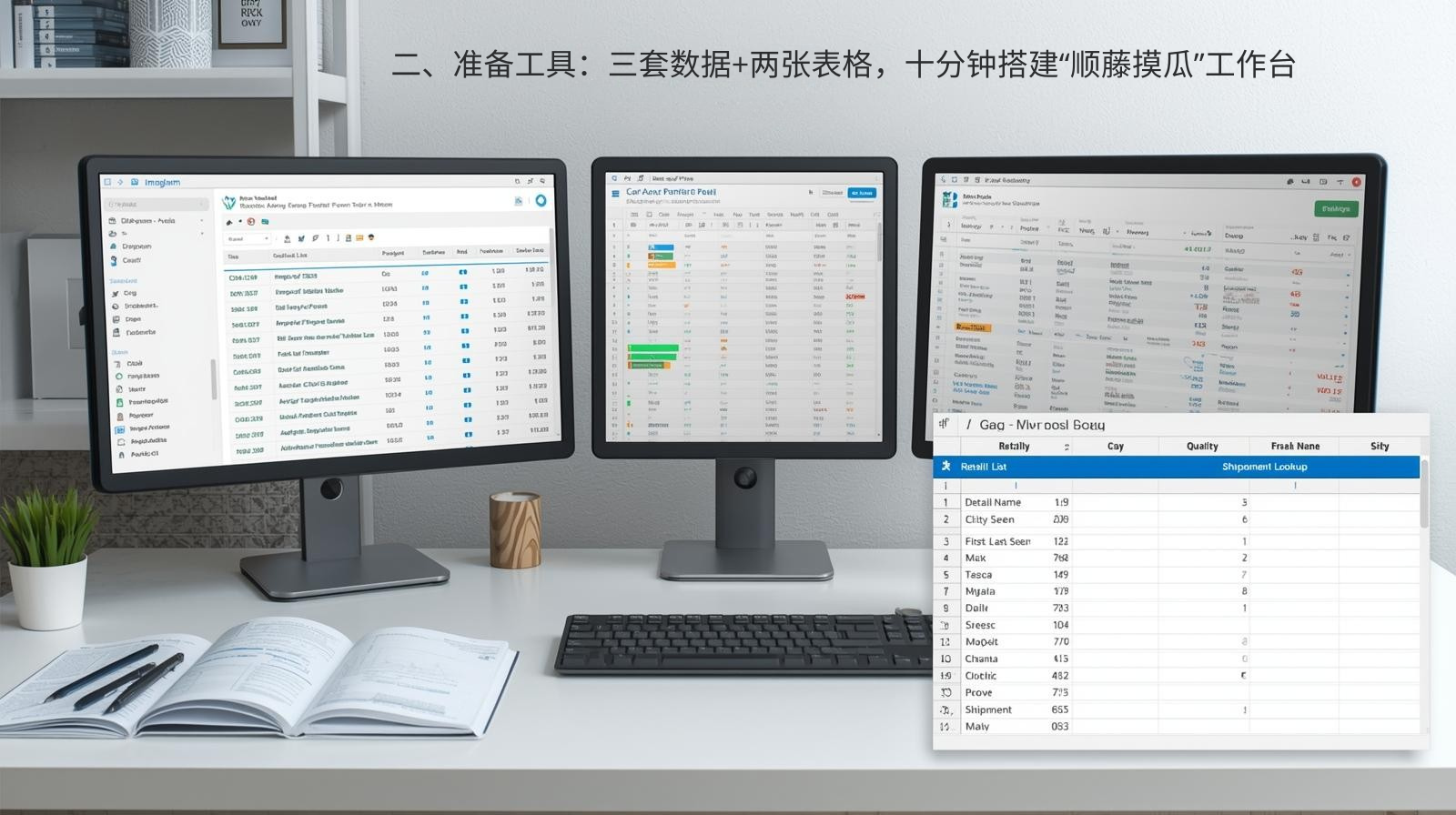 二、准备工具：三套数据+两张表格，十分钟搭建“顺藤摸瓜”工作台