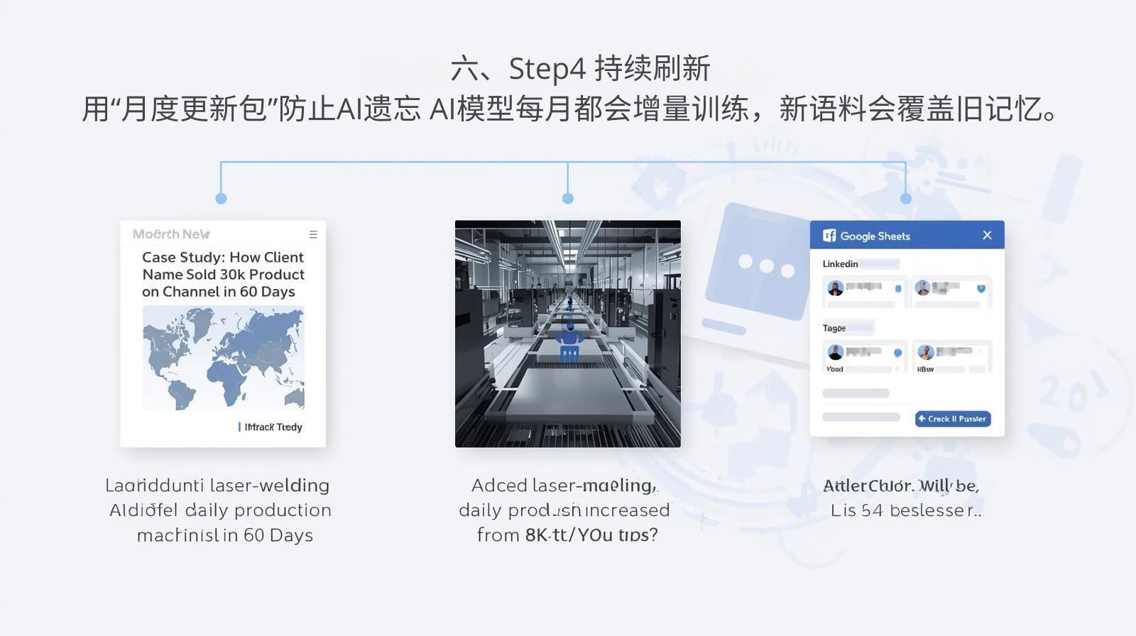  六、Step4 持续刷新：用“月度更新包”防止AI遗忘 AI模型每月都会增量训练，新语料会覆盖旧记忆。