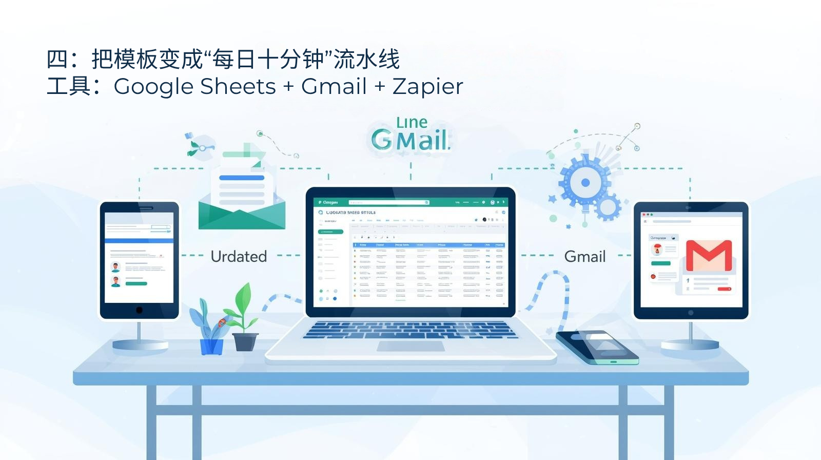 四：把模板变成“每日十分钟”流水线 工具：Google Sheets + Gmail + Zapier