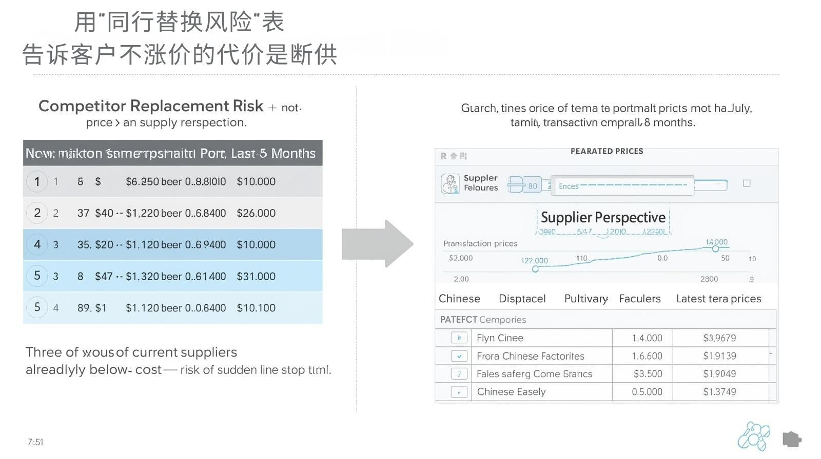 用“同行替换风险”表，告诉客户不涨价的代价是断供