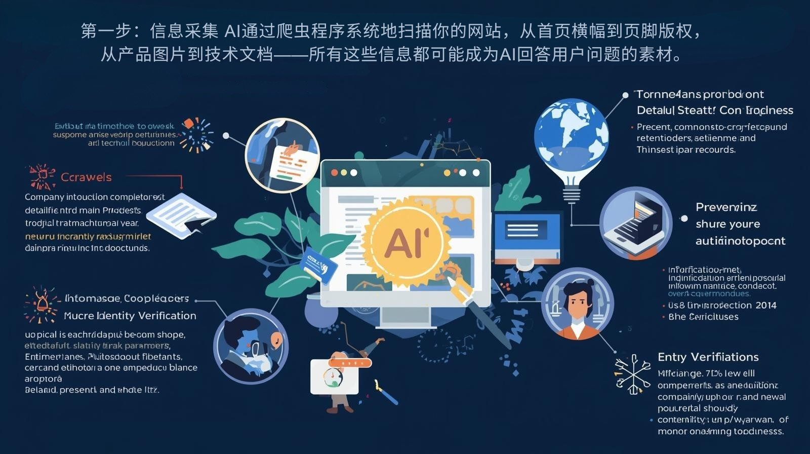 第一步：信息采集 AI通过爬虫程序系统地扫描你的网站，从首页横幅到页脚版权，从产品图片到技术文档——所有这些信息都可能成为AI回答用户问题的素材。