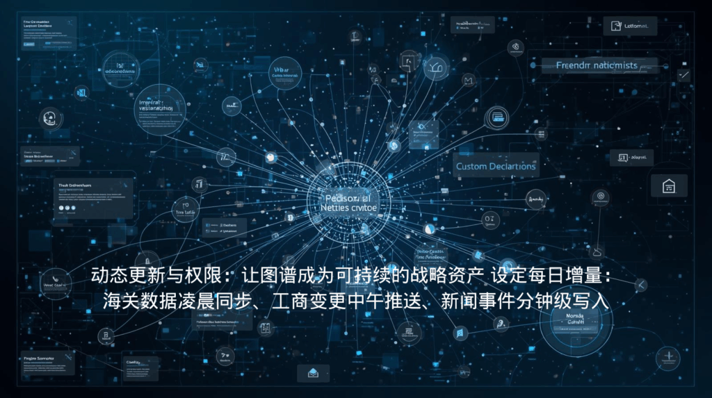 动态更新与权限：让图谱成为可持续的战略资产 设定每日增量：海关数据凌晨同步、工商变更中午推送、新闻事件分钟级写入