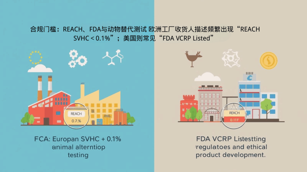 合规门槛：REACH、FDA与动物替代测试 欧洲工厂收货人描述频繁出现“REACH SVHC＜0.1%”；美国则常见“FDA VCRP Listed