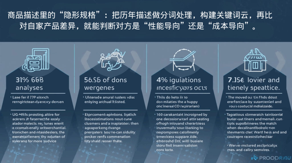 商品描述里的“隐形规格”：把历年描述做分词处理，构建关键词云，再比对自家产品差异，就能判断对方是“性能导向”还是“成本导向”。