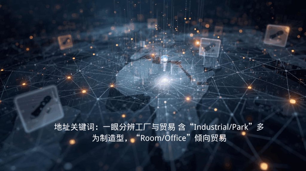 海关数据地址关键词：一眼分辨工厂与贸易 含“Industrial/Park”多为制造型，“Room/Office”倾向贸易