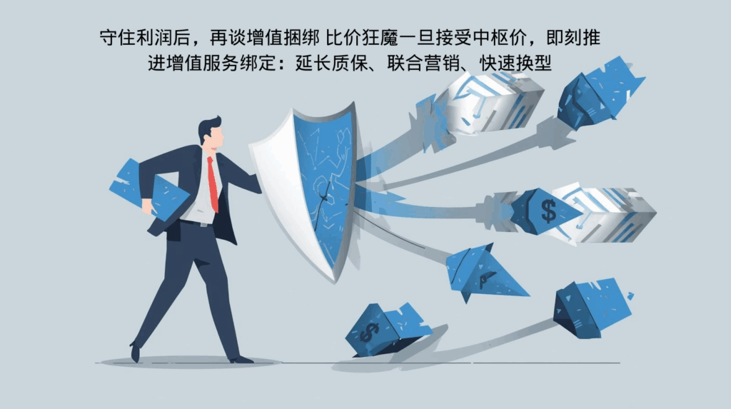 守住利润后，再谈增值捆绑 比价狂魔一旦接受中枢价，即刻推进增值服务绑定：延长质保、联合营销、快速换型