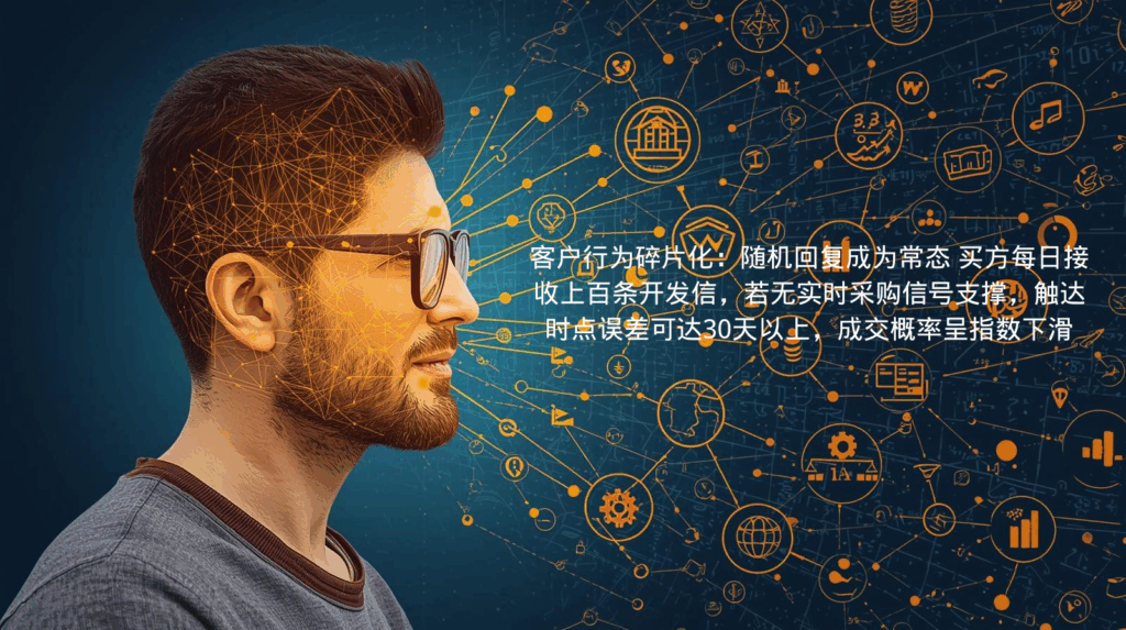 海关数据客户行为碎片化：随机回复成为常态 买方每日接收上百条开发信，若无实时采购信号支撑，触达时点误差可达30天以上，成交概率呈指数下滑