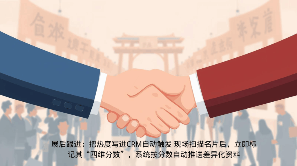 展后跟进：把热度写进CRM自动触发 现场扫描名片后，立即标记其“四维分数”，系统按分数自动推送差异化资料
