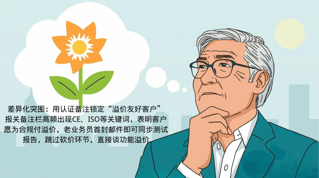 差异化突围：用认证备注锁定“溢价友好客户” 报关备注栏高频出现CE、ISO等关键词，表明客户愿为合规付溢价，老业务员首封邮件即可同步测试报告，跳过砍价环节，直接谈功能溢价