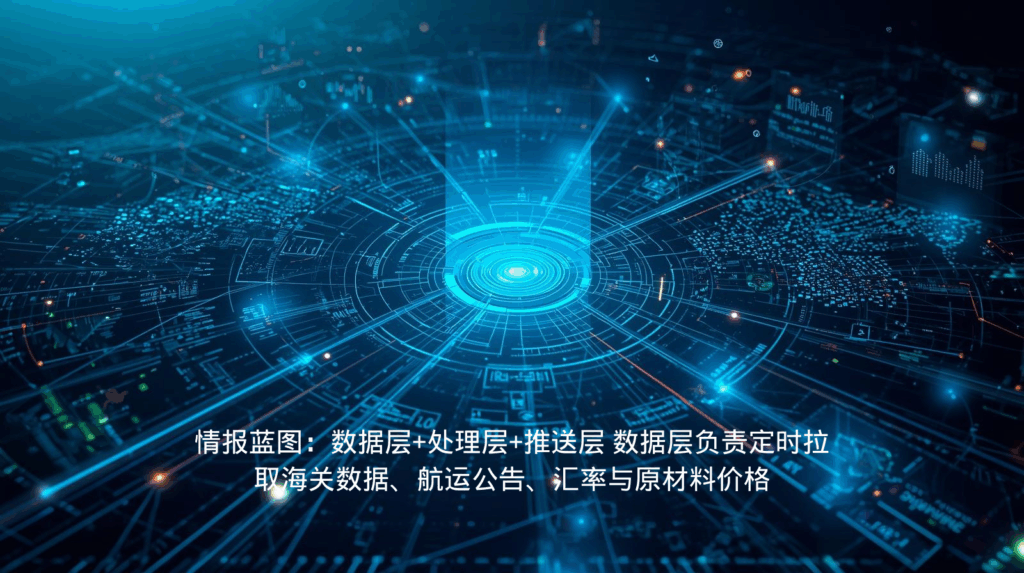 海关数据情报蓝图：数据层+处理层+推送层 数据层负责定时拉取海关数据、航运公告、汇率与原材料价格
