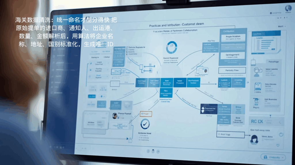 海关数据清洗：统一命名才能分得快 把原始提单的进口商、通知人、出运港、数量、金额解析后，用算法将企业名称、地址、国别标准化，生成唯一ID；