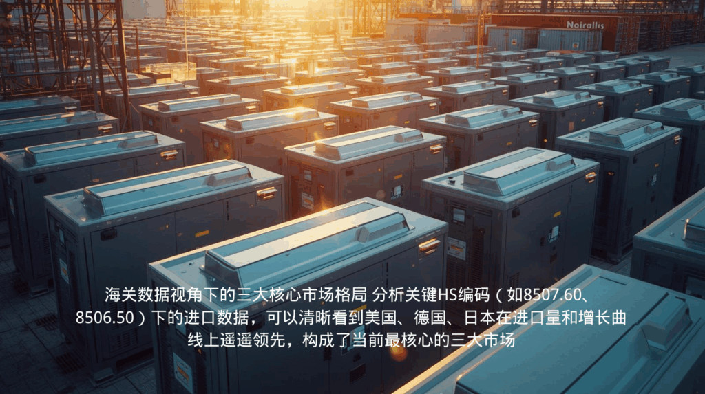 海关数据视角下的三大核心市场格局 分析关键HS编码（如8507.60、8506.50）下的数据，可以清晰看到美国、德国、日本在进口量和增长曲线上遥遥领先，构成了当前最核心的三大市场