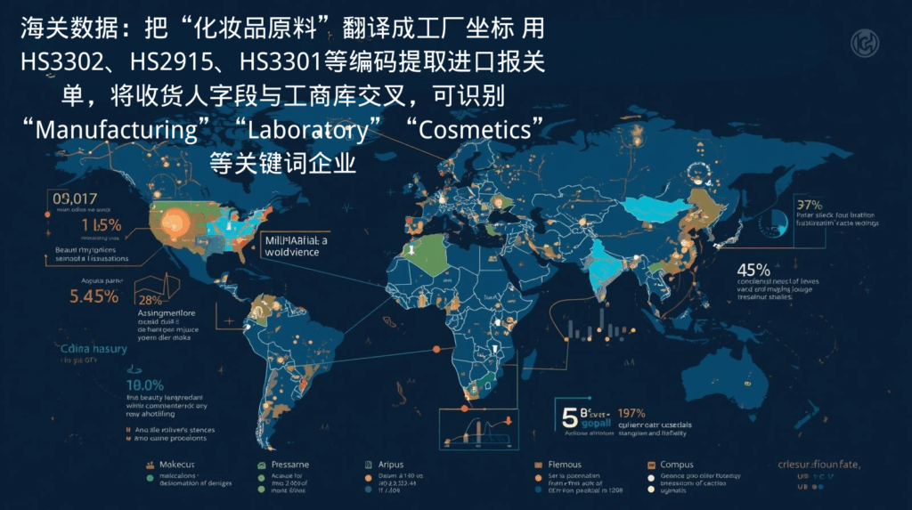 海关数据：把“化妆品原料”翻译成工厂坐标 用HS3302、HS2915、HS3301等编码提取进口报关单，将收货人字段与工商库交叉，可识别“Manufacturing”“Laboratory”“Cosmetics”等关键词企业