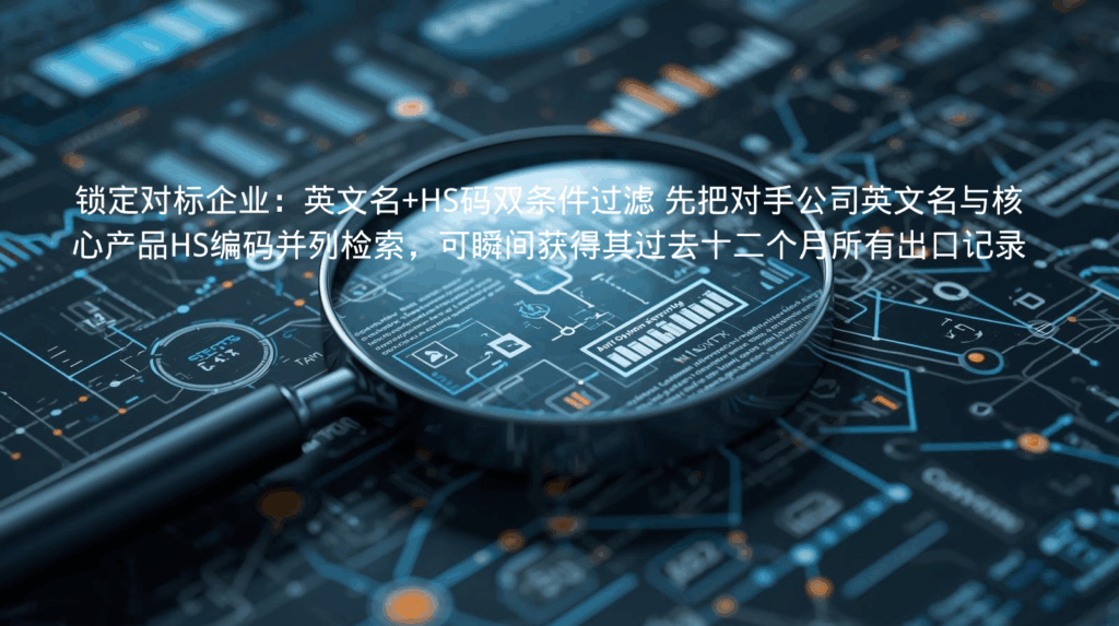 锁定对标企业：英文名+HS码双条件过滤 先把对手公司英文名与核心产品HS编码并列检索，可瞬间获得其过去十二个月所有出口记录