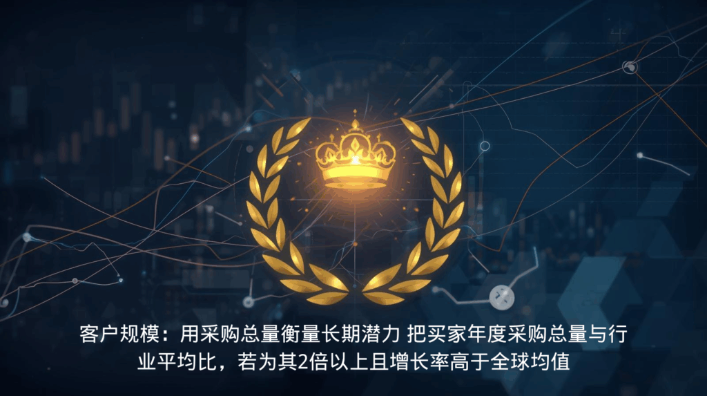 客户规模:用采购总量衡量长期潜力 把买家年度采购总量与行业平均比,若为其2倍以上且增长率高于全球均值