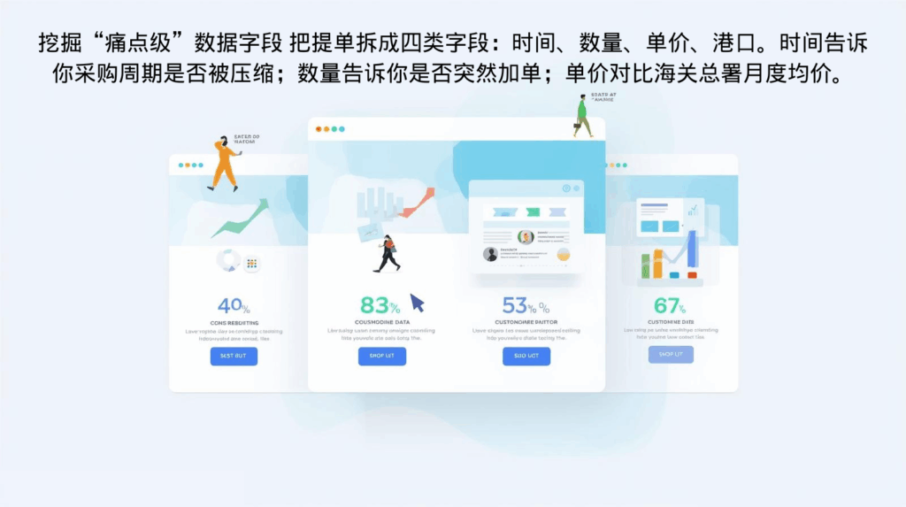 挖掘“痛点级”数据字段 把提单拆成四类字段：时间、数量、单价、港口。时间告诉你采购周期是否被压缩；数量告诉你是否突然加单；单价对比海关总署月度均价。