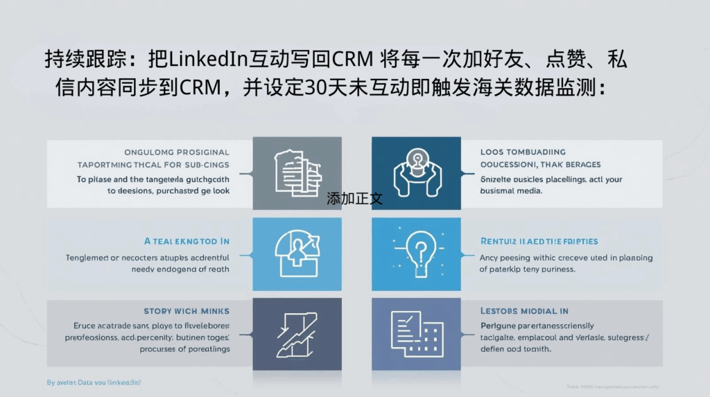 持续跟踪：把LinkedIn互动写回CRM 将每一次加好友、点赞、私信内容同步到CRM，并设定30天未互动即触发海关数据监测：