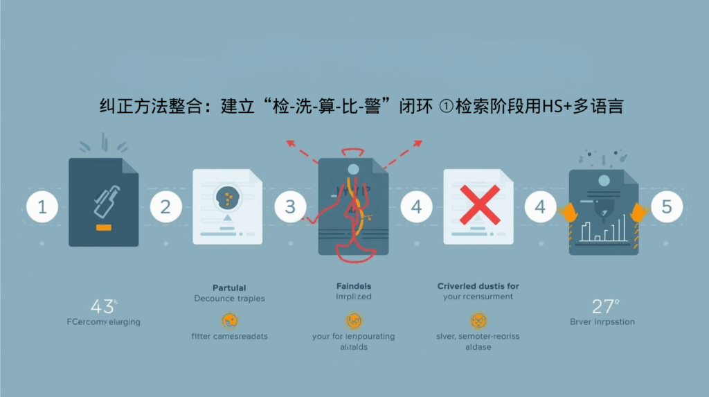 纠正方法整合：建立“检-洗-算-比-警”闭环 ①检索阶段用HS+多语言