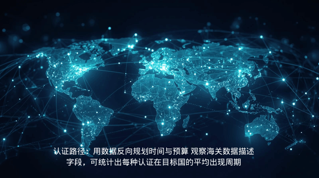 认证路径：用数据反向规划时间与预算 观察海关数据描述字段，可统计出每种认证在目标国的平均出现周期