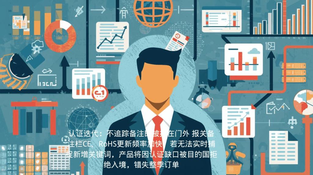 认证迭代：不追踪备注即被挡在门外 报关备注栏CE、RoHS更新频率加快，若无法实时捕捉新增关键词，产品将因认证缺口被目的国拒绝入境，错失整季订单