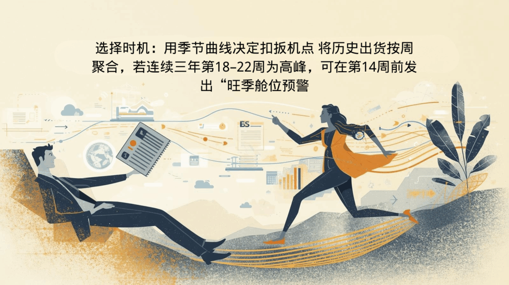 选择时机：用季节曲线决定扣扳机点 将历史出货按周聚合，若连续三年第18–22周为高峰，可在第14周前发出“旺季舱位预警