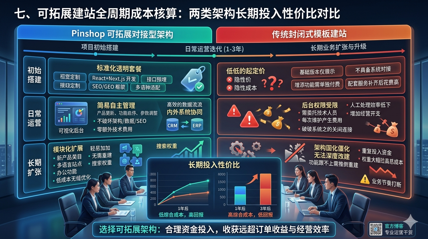 七、可拓展建站全周期成本核算，对比两类架构长期投入性价比
