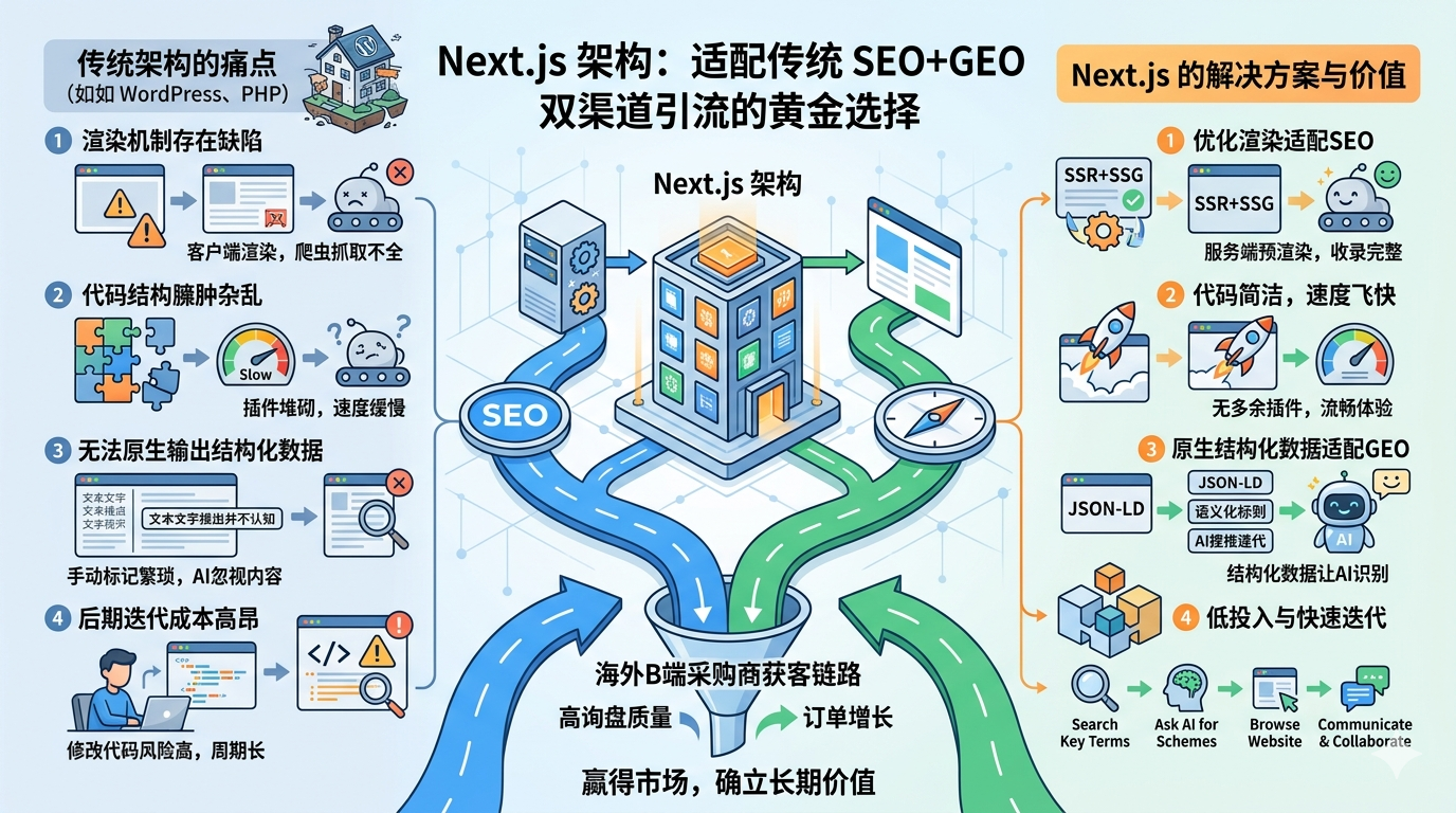三、为什么 Next.js 架构适配传统 SEO+GEO 双渠道引流