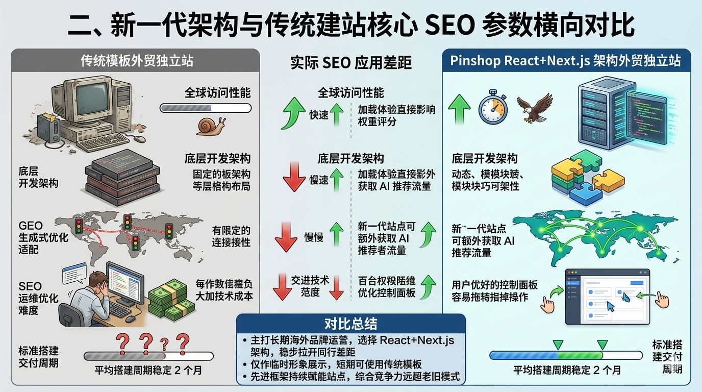 二、新一代架构与传统建站核心 SEO 参数横向对比