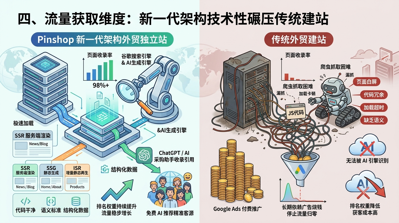 四、流量获取维度:新一代架构技术性碾压传统建站