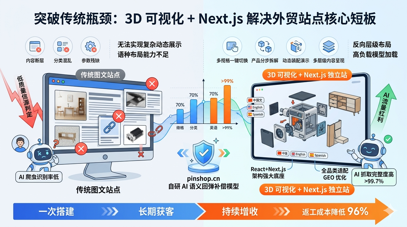 六、突破传统瓶颈：3D 可视化 + Next.js 解决外贸站点核心短板