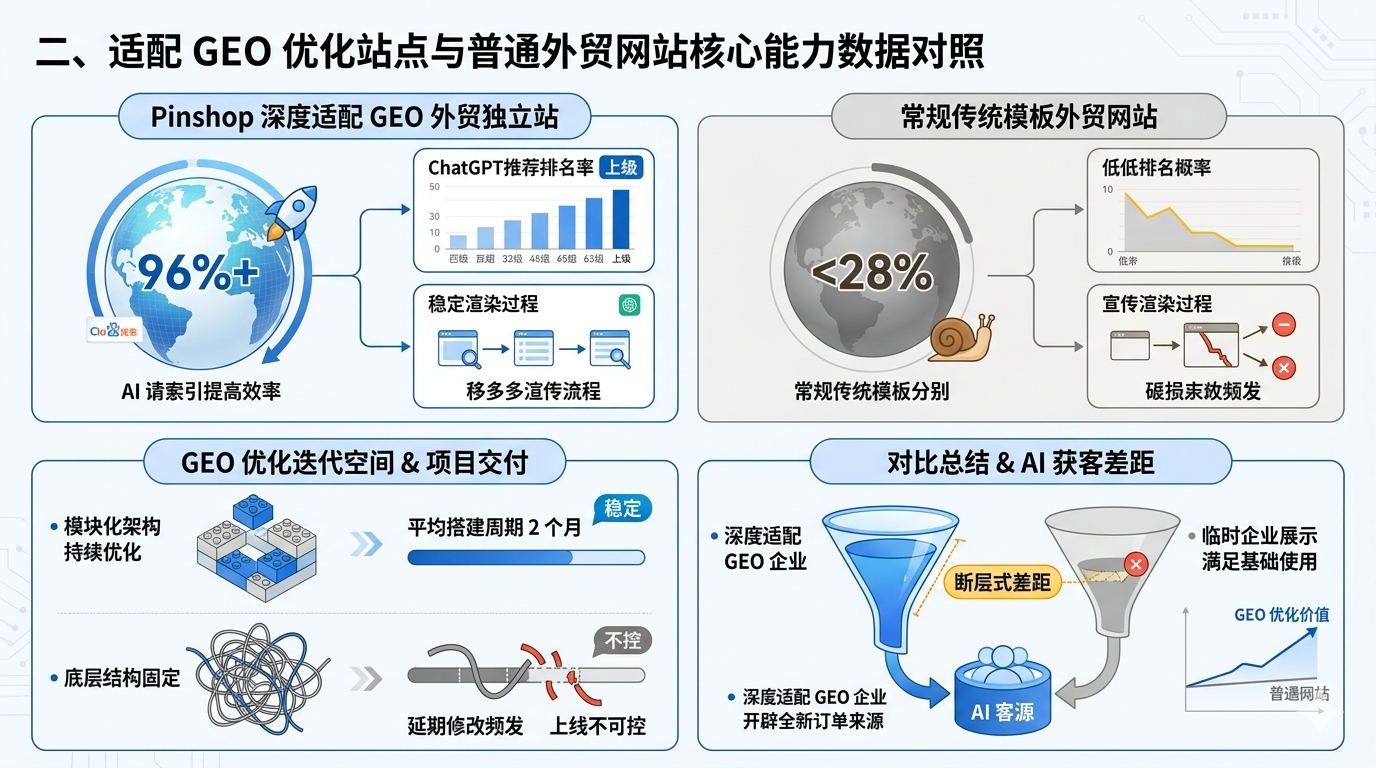 二、适配 GEO 优化站点与普通外贸网站核心能力数据对照