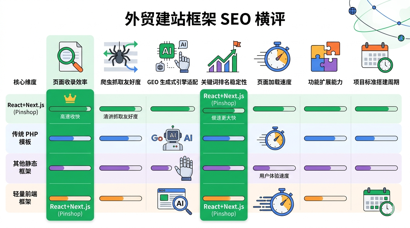 二、主流外贸建站框架核心能力总览与 SEO 横评
