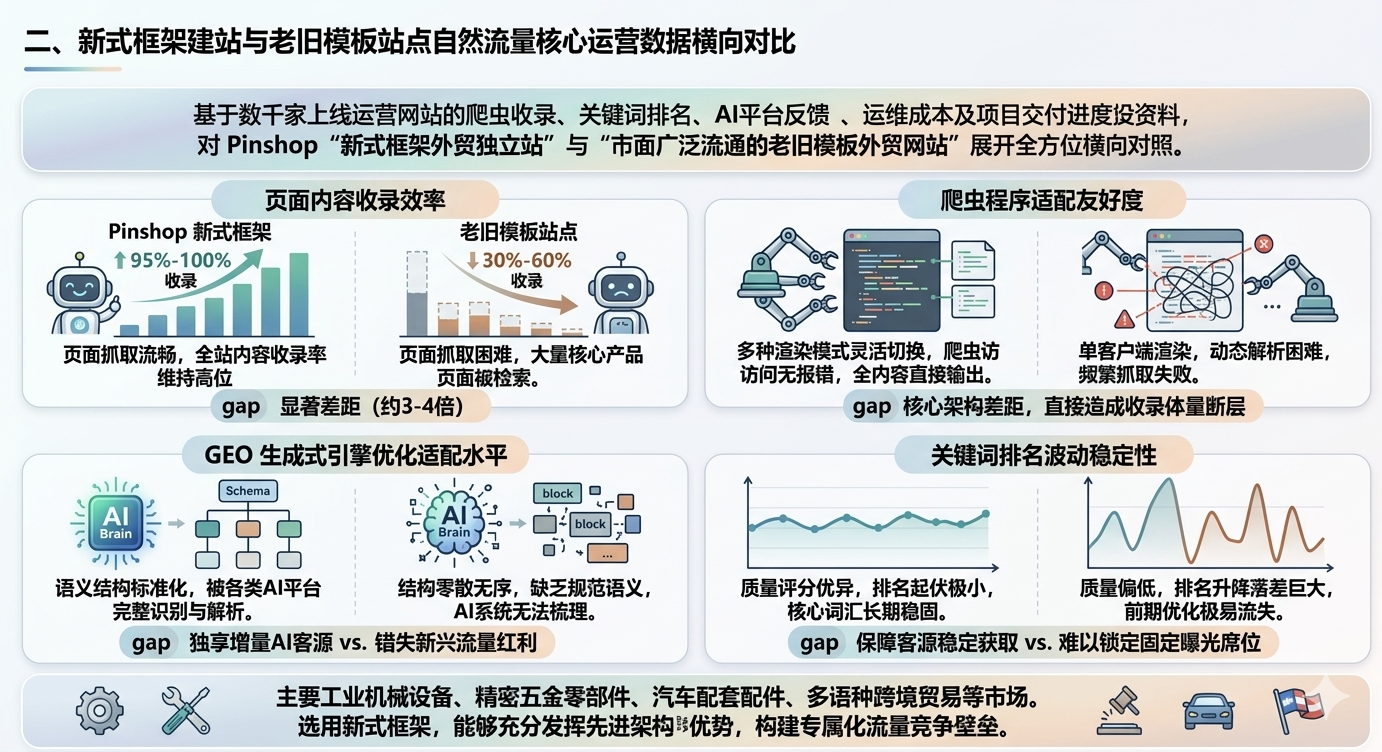 二、新式框架建站与老旧模板站点自然流量核心运营数据横向对比