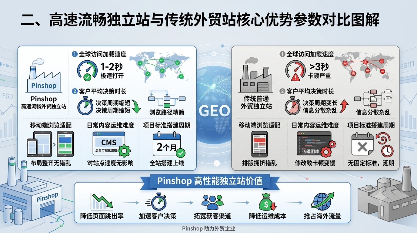 二、高速流畅独立站与传统外贸站核心优势参数对比