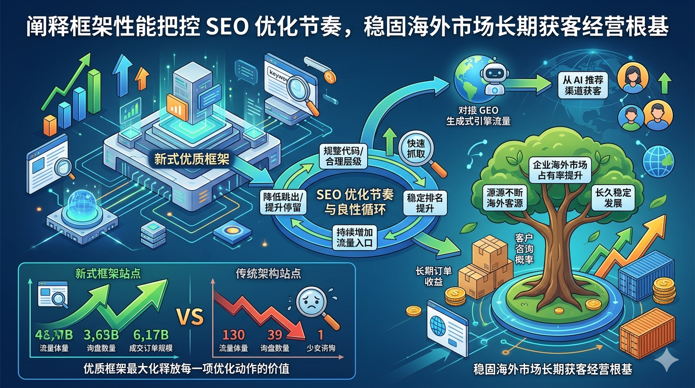 六、阐释框架性能把控 SEO 优化节奏，稳固海外市场长期获客经营根基