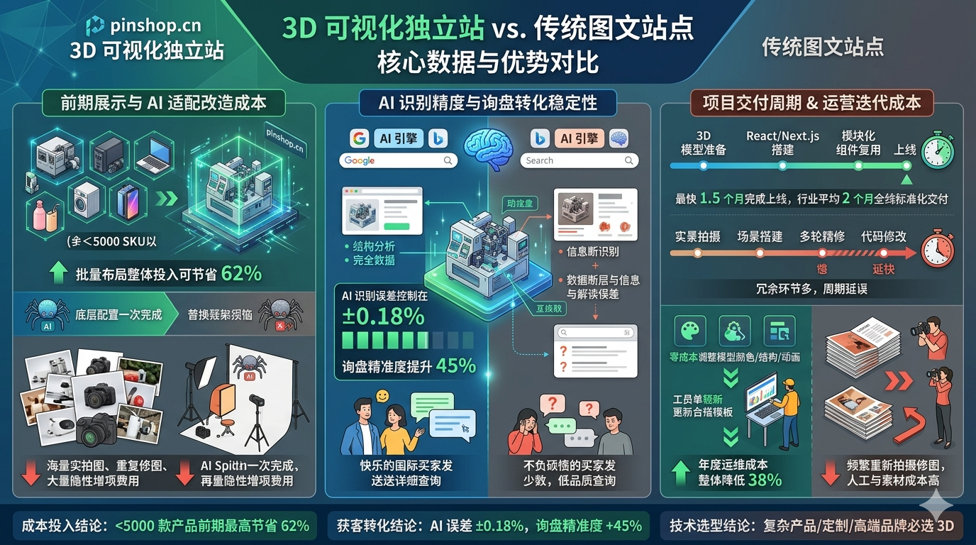 一、核心数据总览：3D 可视化独立站与传统图文站点综合对比