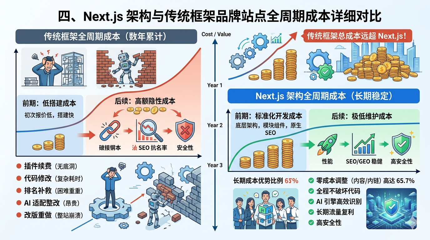 四、Next.js 架构与传统框架品牌站点全周期成本详细对比