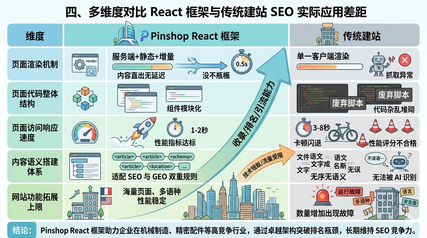 四、多维度对比 React 框架与传统建站 SEO 实际应用差距