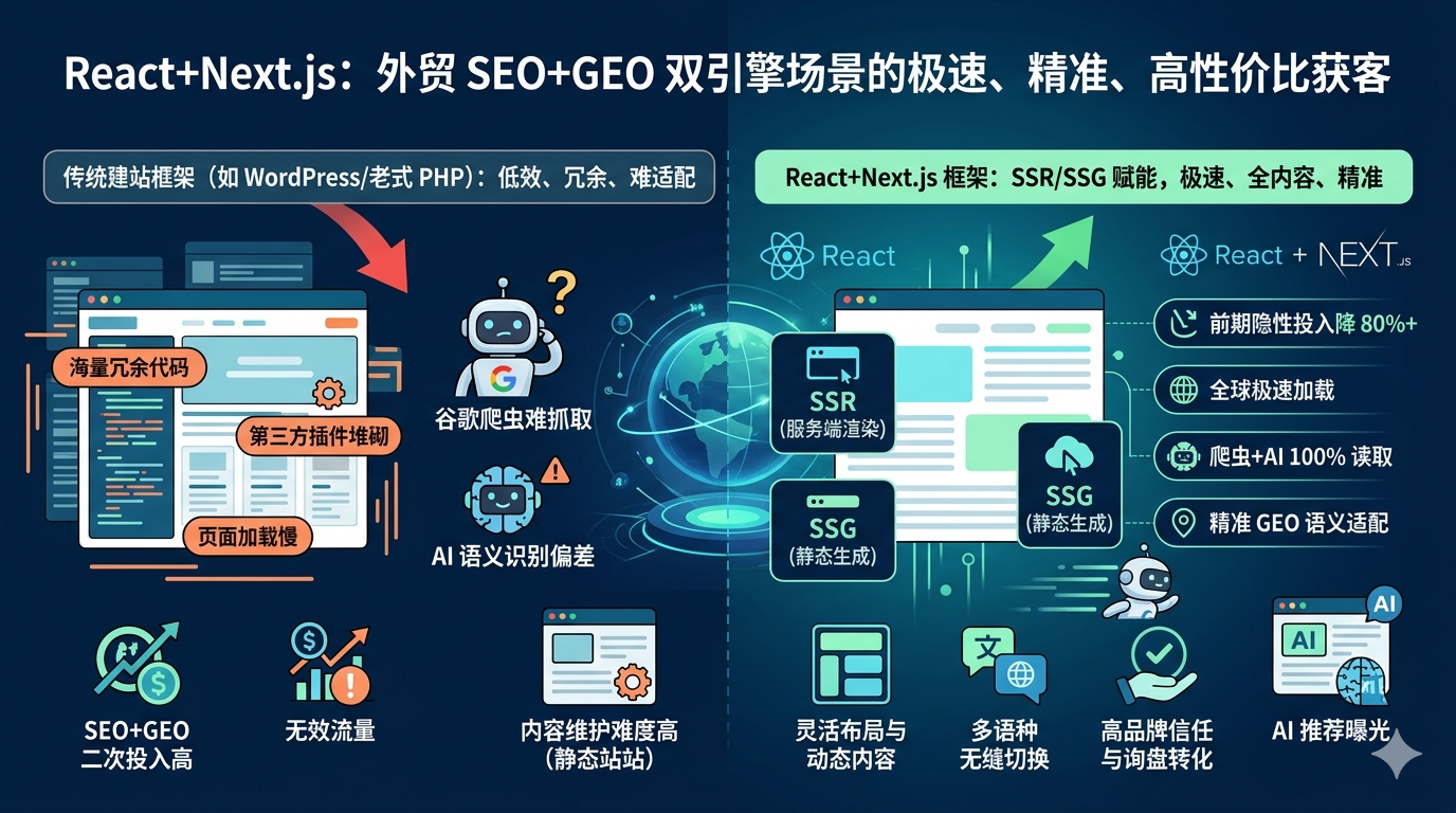三、为什么 React+Next.js 在 SEO+GEO 双引擎场景中性价比更高