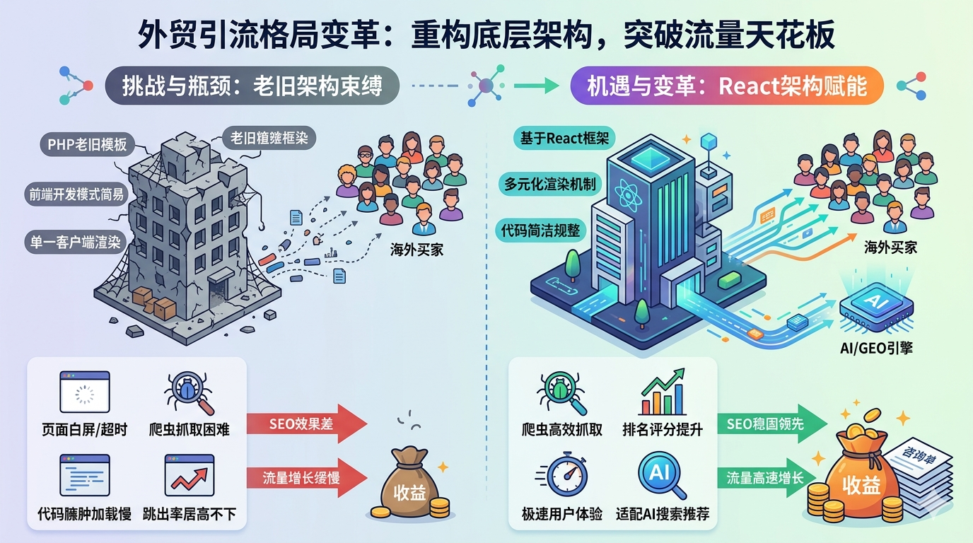 一、外贸引流格局迎来深层变革，底层架构缺陷桎梏网站流量上限