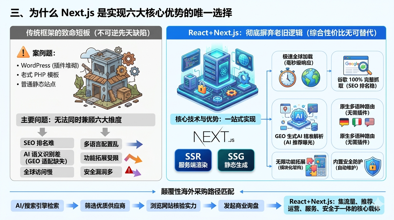 三、为什么 Next.js 是实现六大核心优势的唯一选择