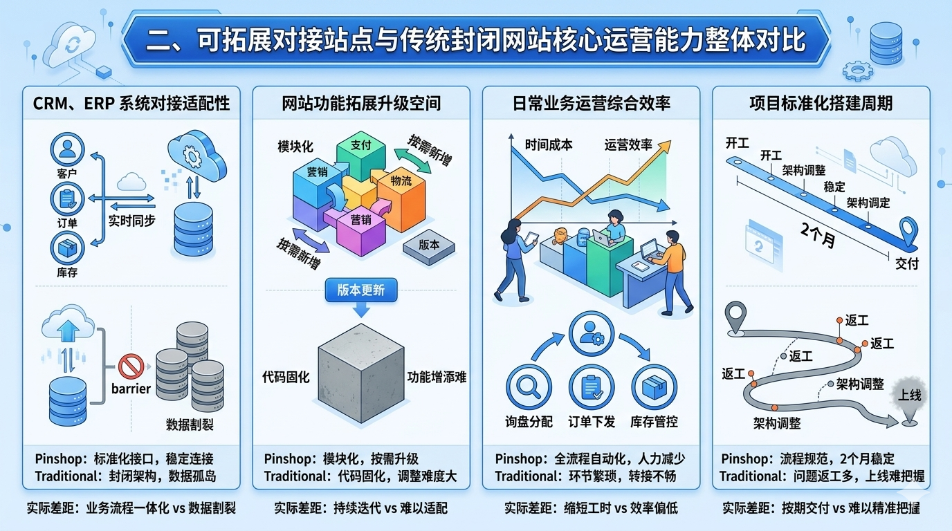 二、可拓展对接站点与传统封闭网站核心运营能力整体对比