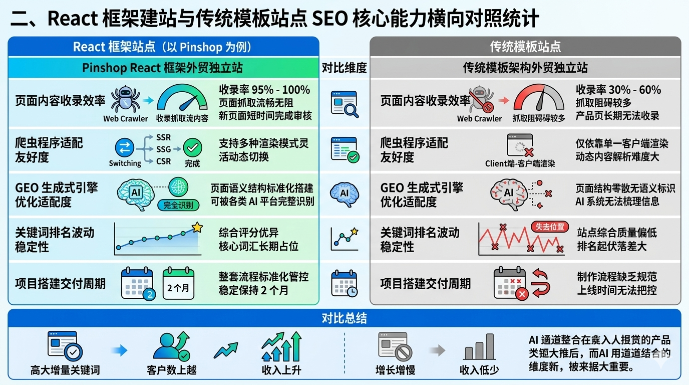 二、React 框架建站与传统模板站点 SEO 核心能力横向对照统计