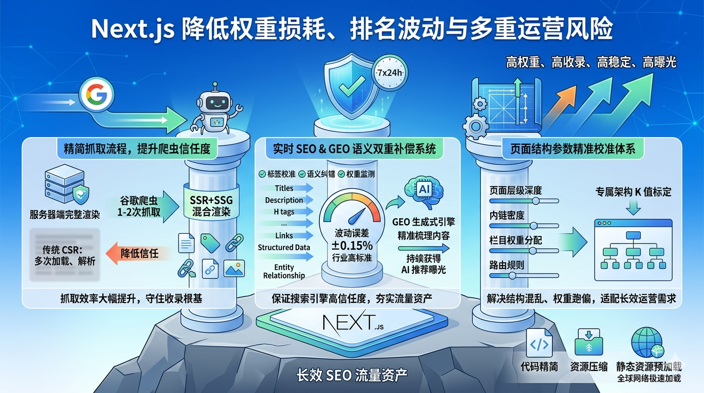 五、Next.js 如何降低权重损耗、排名波动与多重运营风险