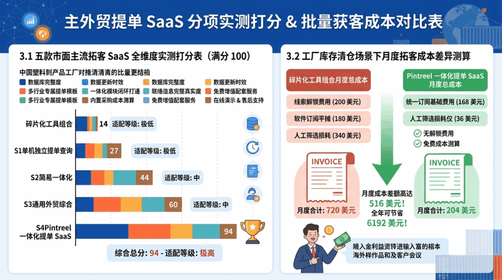3 主流外贸提单 SaaS 分项实测打分 & 批量获客成本对比表
