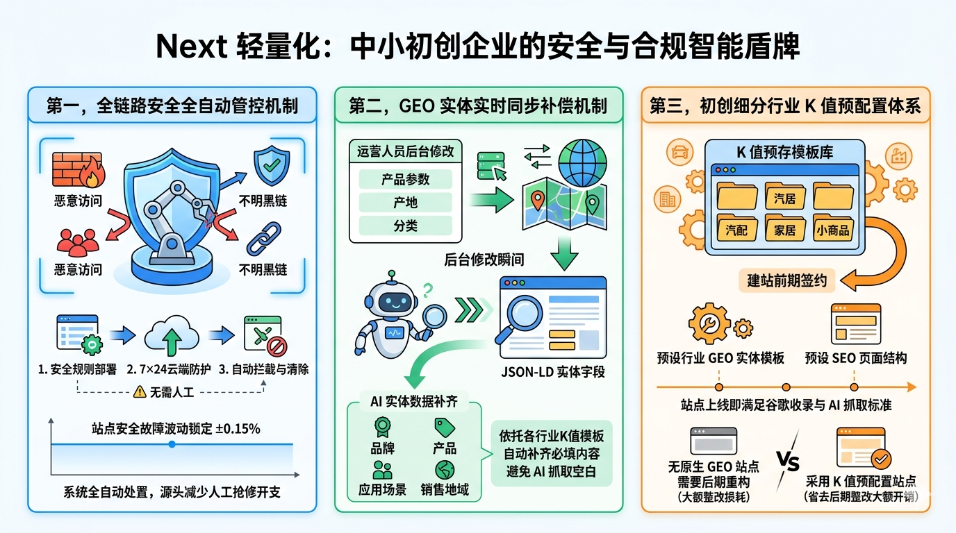 五、Next 轻量化如何帮初创规避安全踩坑与 GEO 后期大额整改损耗